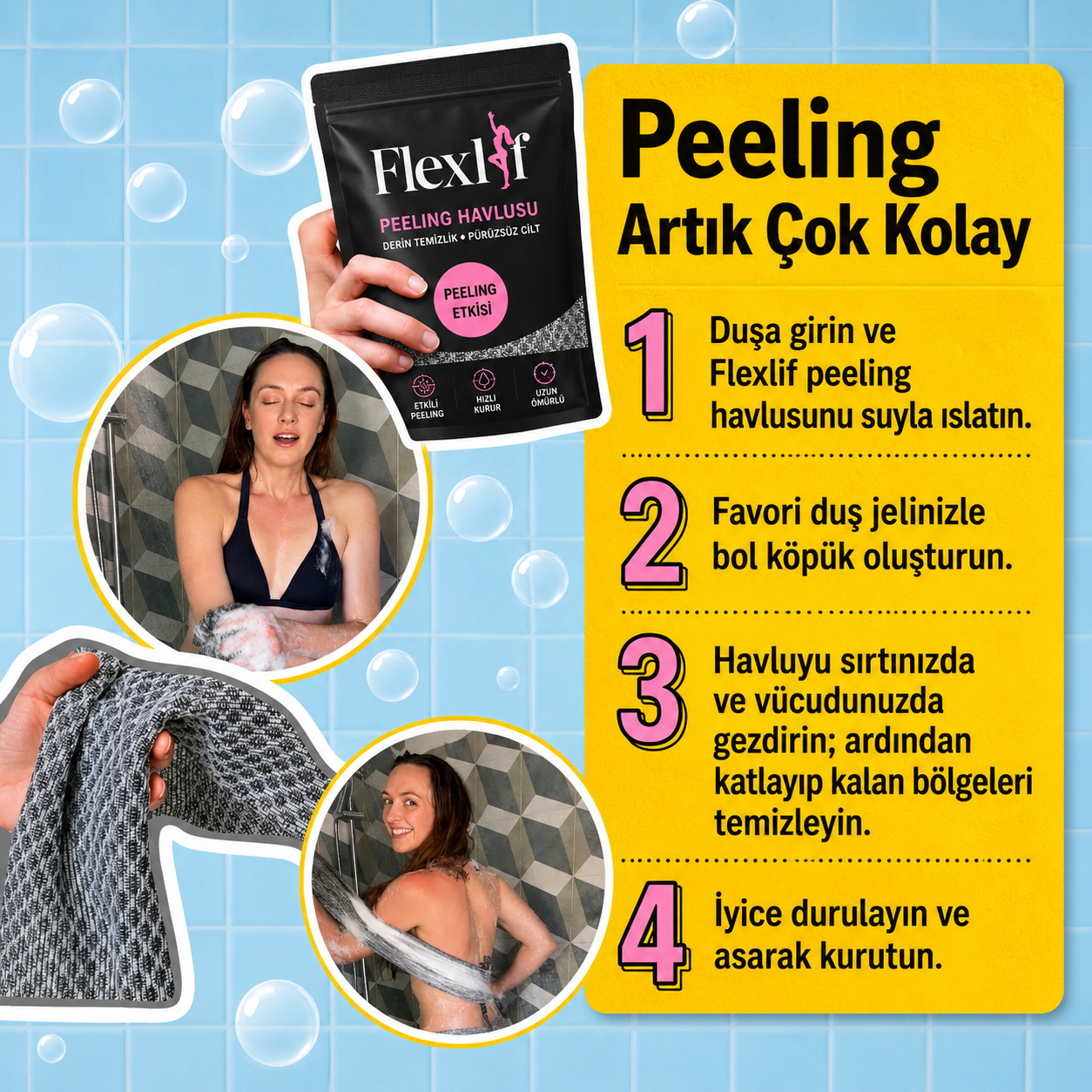 Flexlif Peeling Etkili Antibakteriyel Duş Havlusu